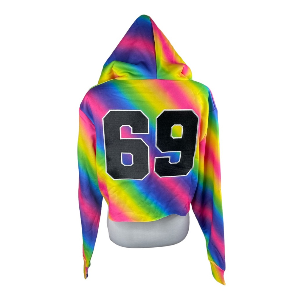 Dolls Kill Club Exx Playful Player Queer 69 Cropped Hoodie Rainbow Size Large - Picture 4 of 11